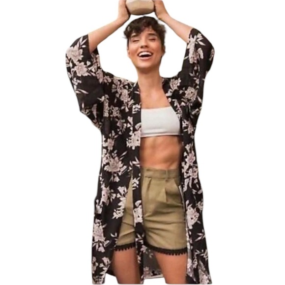 Spiritual Gangster OS Maya Black Floral Long Kimono One Size Casual - Picture 2 of 13